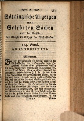 Göttingische Anzeigen von gelehrten Sachen (Göttingische Zeitungen von gelehrten Sachen) Montag 23. September 1771