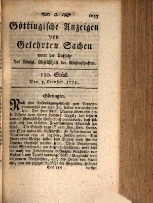 Göttingische Anzeigen von gelehrten Sachen (Göttingische Zeitungen von gelehrten Sachen) Montag 7. Oktober 1771