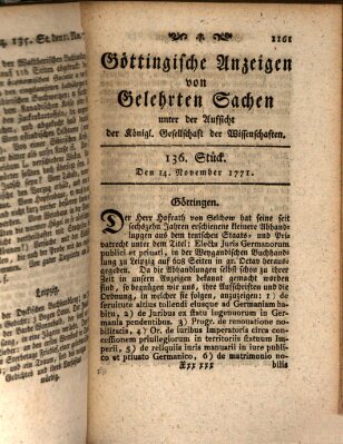 Göttingische Anzeigen von gelehrten Sachen (Göttingische Zeitungen von gelehrten Sachen) Donnerstag 14. November 1771