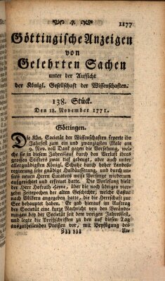 Göttingische Anzeigen von gelehrten Sachen (Göttingische Zeitungen von gelehrten Sachen) Montag 18. November 1771