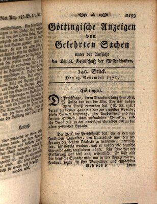 Göttingische Anzeigen von gelehrten Sachen (Göttingische Zeitungen von gelehrten Sachen) Samstag 23. November 1771