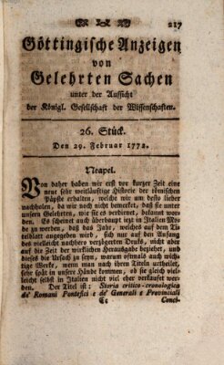 Göttingische Anzeigen von gelehrten Sachen (Göttingische Zeitungen von gelehrten Sachen) Samstag 29. Februar 1772