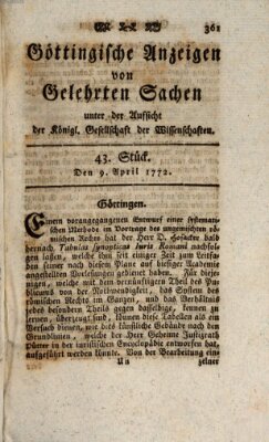 Göttingische Anzeigen von gelehrten Sachen (Göttingische Zeitungen von gelehrten Sachen) Donnerstag 9. April 1772