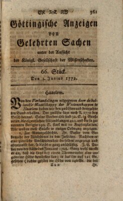 Göttingische Anzeigen von gelehrten Sachen (Göttingische Zeitungen von gelehrten Sachen) Montag 1. Juni 1772