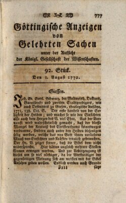 Göttingische Anzeigen von gelehrten Sachen (Göttingische Zeitungen von gelehrten Sachen) Samstag 1. August 1772