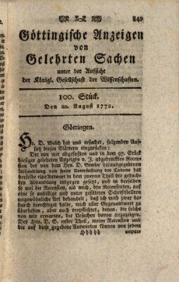 Göttingische Anzeigen von gelehrten Sachen (Göttingische Zeitungen von gelehrten Sachen) Donnerstag 20. August 1772