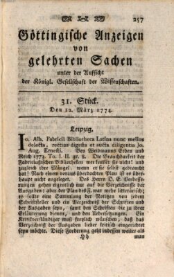 Göttingische Anzeigen von gelehrten Sachen (Göttingische Zeitungen von gelehrten Sachen) Samstag 12. März 1774