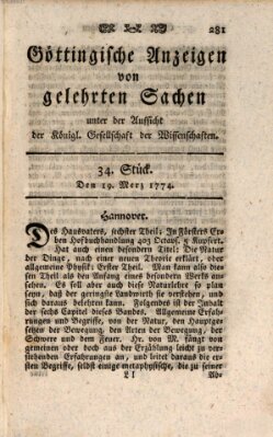 Göttingische Anzeigen von gelehrten Sachen (Göttingische Zeitungen von gelehrten Sachen) Samstag 19. März 1774