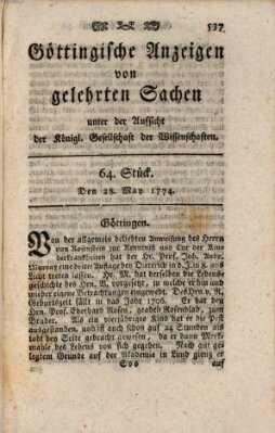 Göttingische Anzeigen von gelehrten Sachen (Göttingische Zeitungen von gelehrten Sachen) Samstag 28. Mai 1774