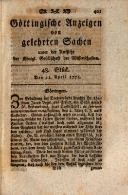 Göttingische Anzeigen von gelehrten Sachen (Göttingische Zeitungen von gelehrten Sachen) Samstag 22. April 1775