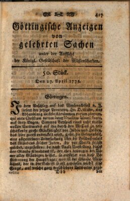 Göttingische Anzeigen von gelehrten Sachen (Göttingische Zeitungen von gelehrten Sachen) Donnerstag 27. April 1775