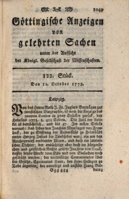 Göttingische Anzeigen von gelehrten Sachen (Göttingische Zeitungen von gelehrten Sachen) Donnerstag 12. Oktober 1775