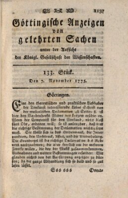 Göttingische Anzeigen von gelehrten Sachen (Göttingische Zeitungen von gelehrten Sachen) Dienstag 7. November 1775