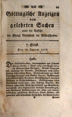 Göttingische Anzeigen von gelehrten Sachen (Göttingische Zeitungen von gelehrten Sachen) Dienstag 16. Januar 1776