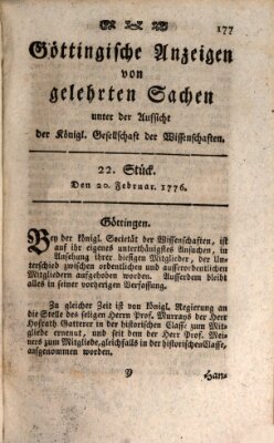 Göttingische Anzeigen von gelehrten Sachen (Göttingische Zeitungen von gelehrten Sachen) Dienstag 20. Februar 1776