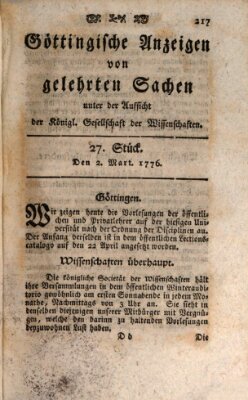 Göttingische Anzeigen von gelehrten Sachen (Göttingische Zeitungen von gelehrten Sachen) Samstag 2. März 1776