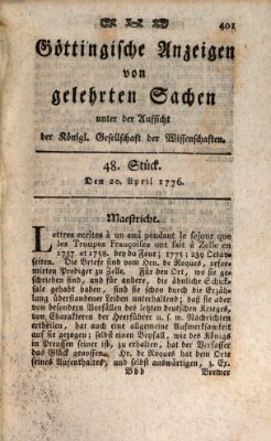 Göttingische Anzeigen von gelehrten Sachen (Göttingische Zeitungen von gelehrten Sachen) Samstag 20. April 1776