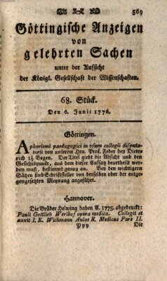 Göttingische Anzeigen von gelehrten Sachen (Göttingische Zeitungen von gelehrten Sachen) Donnerstag 6. Juni 1776