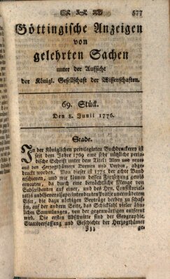 Göttingische Anzeigen von gelehrten Sachen (Göttingische Zeitungen von gelehrten Sachen) Samstag 8. Juni 1776