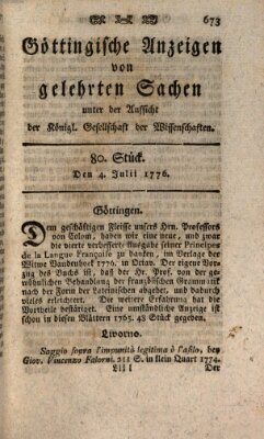 Göttingische Anzeigen von gelehrten Sachen (Göttingische Zeitungen von gelehrten Sachen) Donnerstag 4. Juli 1776