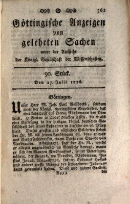 Göttingische Anzeigen von gelehrten Sachen (Göttingische Zeitungen von gelehrten Sachen) Samstag 27. Juli 1776