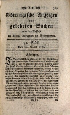 Göttingische Anzeigen von gelehrten Sachen (Göttingische Zeitungen von gelehrten Sachen) Dienstag 30. Juli 1776