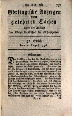 Göttingische Anzeigen von gelehrten Sachen (Göttingische Zeitungen von gelehrten Sachen) Donnerstag 1. August 1776