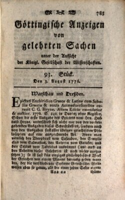 Göttingische Anzeigen von gelehrten Sachen (Göttingische Zeitungen von gelehrten Sachen) Samstag 3. August 1776