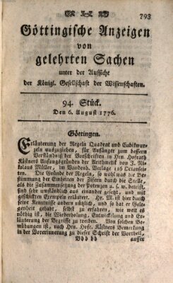 Göttingische Anzeigen von gelehrten Sachen (Göttingische Zeitungen von gelehrten Sachen) Dienstag 6. August 1776