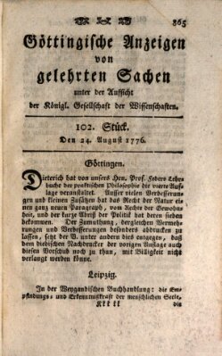 Göttingische Anzeigen von gelehrten Sachen (Göttingische Zeitungen von gelehrten Sachen) Samstag 24. August 1776