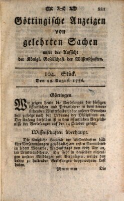 Göttingische Anzeigen von gelehrten Sachen (Göttingische Zeitungen von gelehrten Sachen) Donnerstag 29. August 1776