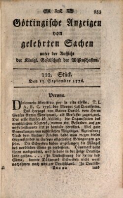 Göttingische Anzeigen von gelehrten Sachen (Göttingische Zeitungen von gelehrten Sachen) Dienstag 17. September 1776