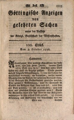 Göttingische Anzeigen von gelehrten Sachen (Göttingische Zeitungen von gelehrten Sachen) Samstag 5. Oktober 1776