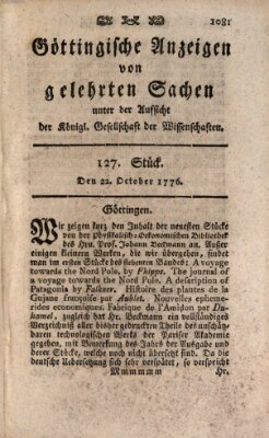 Göttingische Anzeigen von gelehrten Sachen (Göttingische Zeitungen von gelehrten Sachen) Dienstag 22. Oktober 1776