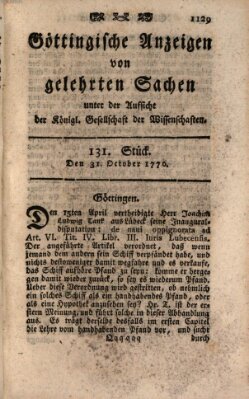 Göttingische Anzeigen von gelehrten Sachen (Göttingische Zeitungen von gelehrten Sachen) Donnerstag 31. Oktober 1776