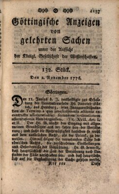 Göttingische Anzeigen von gelehrten Sachen (Göttingische Zeitungen von gelehrten Sachen) Samstag 2. November 1776