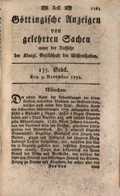 Göttingische Anzeigen von gelehrten Sachen (Göttingische Zeitungen von gelehrten Sachen) Samstag 9. November 1776