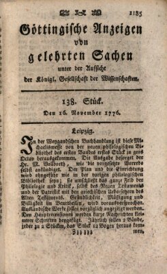 Göttingische Anzeigen von gelehrten Sachen (Göttingische Zeitungen von gelehrten Sachen) Samstag 16. November 1776