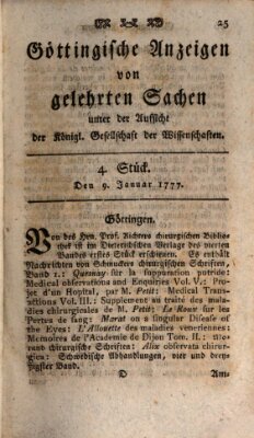 Göttingische Anzeigen von gelehrten Sachen (Göttingische Zeitungen von gelehrten Sachen) Donnerstag 9. Januar 1777