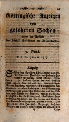 Göttingische Anzeigen von gelehrten Sachen (Göttingische Zeitungen von gelehrten Sachen) Donnerstag 16. Januar 1777