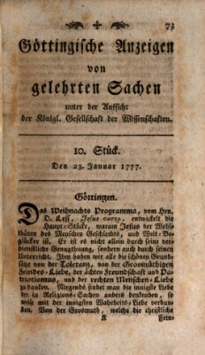 Göttingische Anzeigen von gelehrten Sachen (Göttingische Zeitungen von gelehrten Sachen) Donnerstag 23. Januar 1777