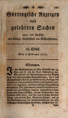 Göttingische Anzeigen von gelehrten Sachen (Göttingische Zeitungen von gelehrten Sachen) Donnerstag 6. Februar 1777