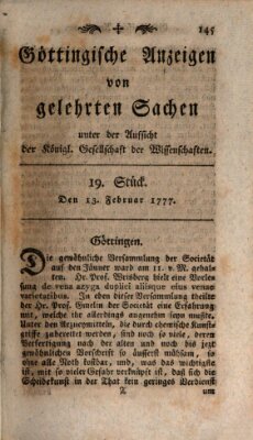 Göttingische Anzeigen von gelehrten Sachen (Göttingische Zeitungen von gelehrten Sachen) Donnerstag 13. Februar 1777