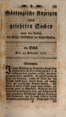 Göttingische Anzeigen von gelehrten Sachen (Göttingische Zeitungen von gelehrten Sachen) Donnerstag 20. Februar 1777