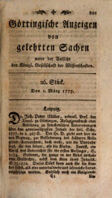 Göttingische Anzeigen von gelehrten Sachen (Göttingische Zeitungen von gelehrten Sachen) Samstag 1. März 1777