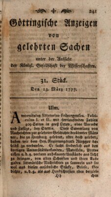 Göttingische Anzeigen von gelehrten Sachen (Göttingische Zeitungen von gelehrten Sachen) Donnerstag 13. März 1777