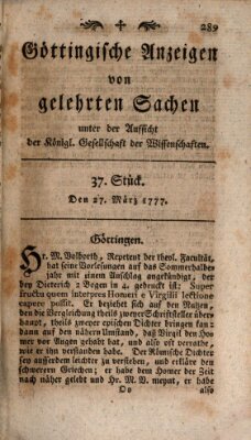 Göttingische Anzeigen von gelehrten Sachen (Göttingische Zeitungen von gelehrten Sachen) Donnerstag 27. März 1777