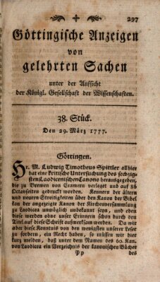 Göttingische Anzeigen von gelehrten Sachen (Göttingische Zeitungen von gelehrten Sachen) Samstag 29. März 1777