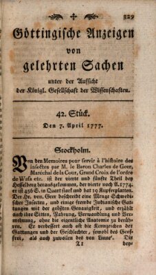 Göttingische Anzeigen von gelehrten Sachen (Göttingische Zeitungen von gelehrten Sachen) Montag 7. April 1777