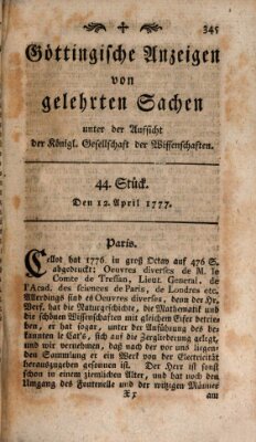 Göttingische Anzeigen von gelehrten Sachen (Göttingische Zeitungen von gelehrten Sachen) Samstag 12. April 1777